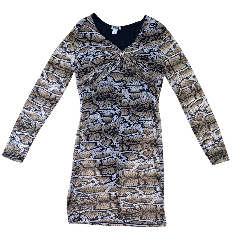 i r 2XL Snake Print Mesh Dress | Long Sleeve Knot Front Earth Tone Bodycon y2k